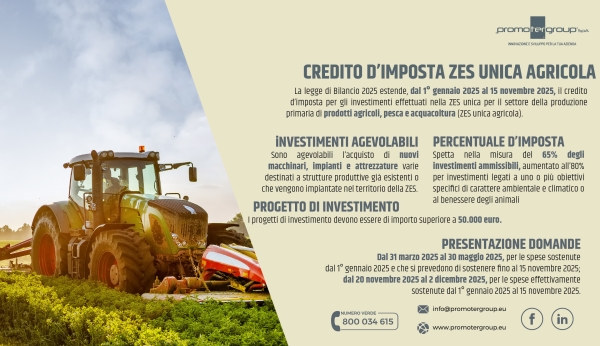 CREDITO D’IMPOSTA ZES UNICA AGRICOLA: DOMANDE FINO AL 15 NOVEMBRE