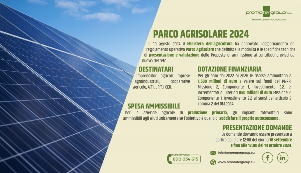 PARCO AGRISOLARE 2024: PUBBLICATO L&#039;AVVISO PER LA PRESENTAZIONE DELLE DOMANDE